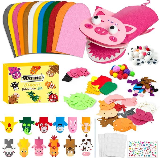 WATINC 12Pcs Hand Puppet Making Kit, Art Craft Felt Sock Puppet Toys, Creative by WATINC