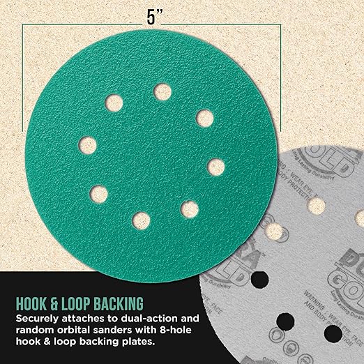 Dura-Gold Premium 40 Grit 5" Green Film Sanding Discs, 8-Hole Pattern, Box of 25 - Dustless Hook & Loop Backing Sandpaper for DA & Random Orbital Sanders, Sand Automotive Paint Woodworking Furniture