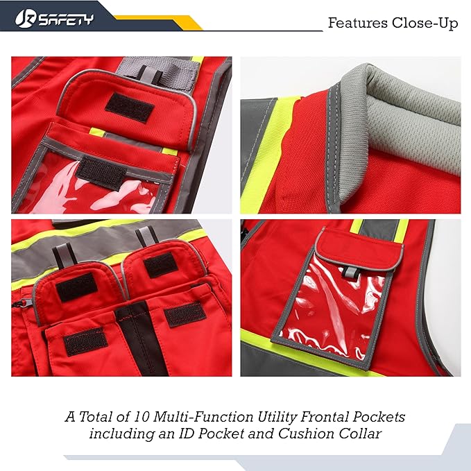 JKSafety 10 Pockets Hi-Vis Zipper Front Fluorescent Red Safety Vest | Cushioned Collar | High Reflective Tapes with Extended Neon Yellow Strips | Meets ANSI/ISEA Standards (XX-Large, 89-Red)