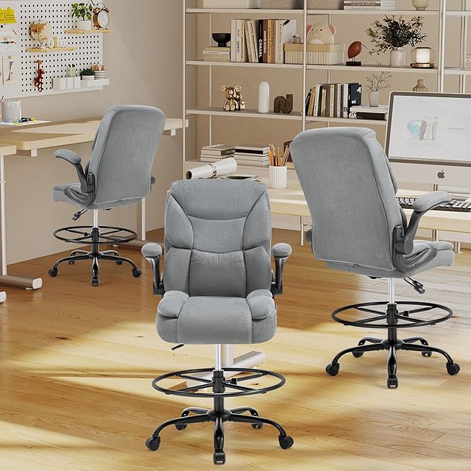 500LBS Drafting Chair, High Back Safer Standing Desk Chair, Executive Tall Office Chair with Flip-up Armrests, Upholstered Fabric Task Chair, Ergonomic Seat with Adjustable Height&Foot Ring, Grey
