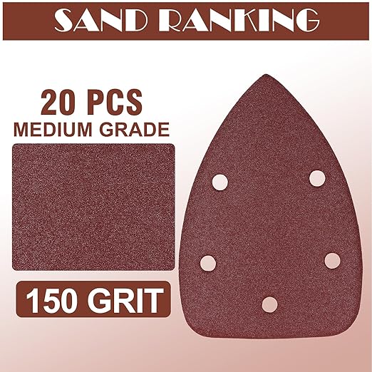 150 Grit Mouse Sander Sandpaper, Jamiikury 5 Hole Detail Sander Sandpaper Palm Sander Paper Mouse Sanding Pads Hook and Loop Sanding Sheets - Pack of 20