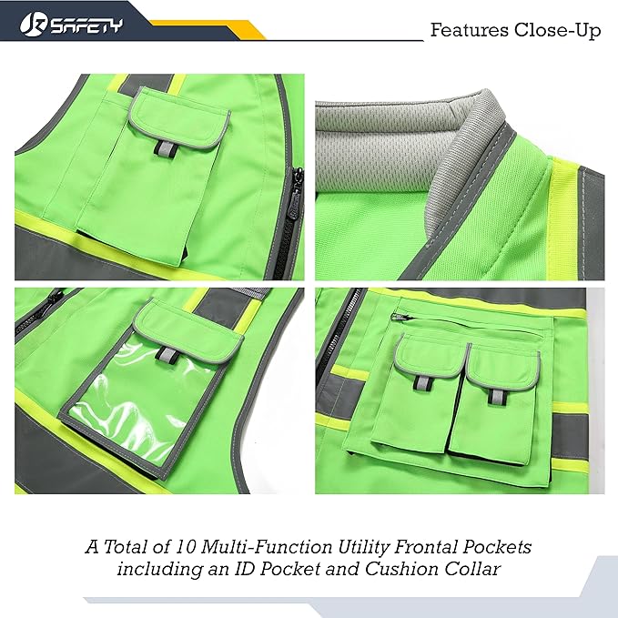 JKSafety 10 Pockets Hi-Vis Zipper Front Fluorescent Green Safety Vest | Cushioned Collar | High Reflective Tapes with Extended Neon Yellow Strips | Meets ANSI/ISEA Standards (Medium, 89-Green)