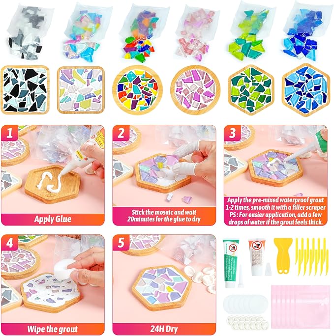 ZAIONE Coaster Crafts Kit for Adults: 6 Sets DIY Mosaic Tiles Coasters - Image 4