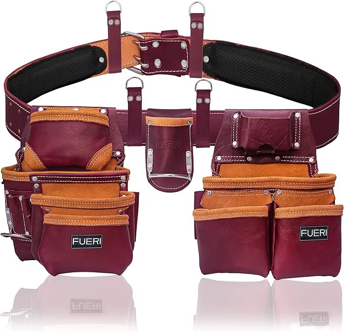 Heavy Duty 19 Pocket Leather Tool Belt Multipurpose Pockets Work Organizer Pouch Framing Fat Lip Tool Holder for Carpenter, Construction, Handyman, and Electrician Tool Belt Set