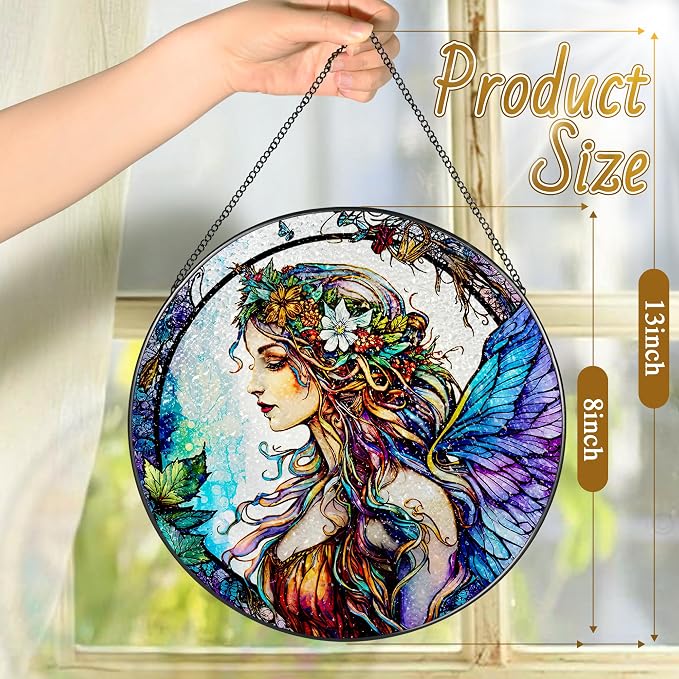 Stained Glass Window Hanging, LAOWEIKI 8'' Fairy Suncatcher, Stained Glass - Image 4