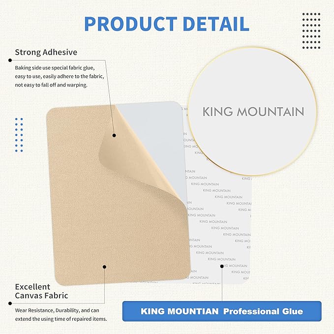 KING MOUNTAIN Canvas Repair Patch 9 x11 Inch 4 Pcs Self-Adhesive Waterproof Fabric Patch for Sofas, Tents, Furniture,Tote Bags, Car Seats (Khaki)