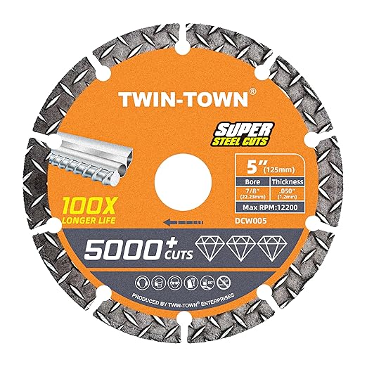 TWIN-TOWN 5" Diamond Cutting Wheel with 7/8" Arbor, Metal Cut Off Wheel, Carbide Cutting Wheel for Angle Grinder, 5000+ Cuts on Rebar, Steel, Iron, and INOX