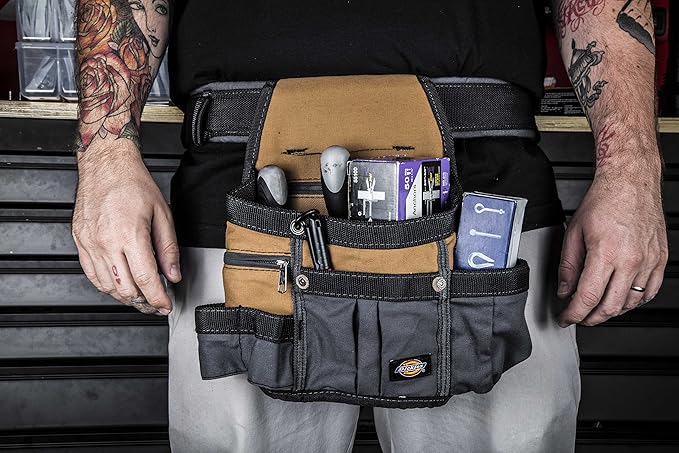 Dickies 8-Pocket Padded Tool Belt/Utility Pouch, Adjustable 3-Inch Belt, Durable Canvas Construction, Tan/Grey