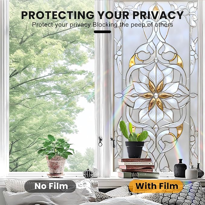 Stained Glass Window Privacy Film: Non-Adhesive Sun and Landscape Mosaic Design - Image 5