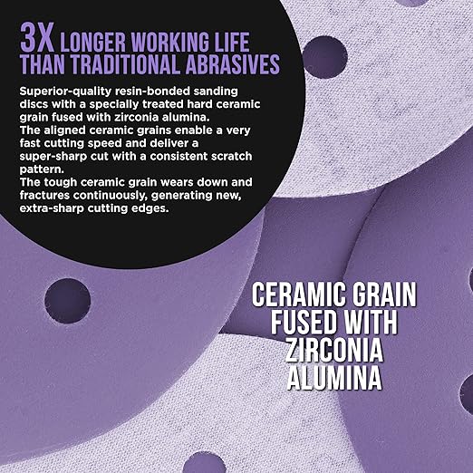 Dura-Gold Premium 1500 Grit 5" Purple Film Ceramic Sanding Discs, 8-Hole Pattern, Box of 50 - Dustless Hook & Loop Backing Sandpaper for DA & Random Orbital Sanders - Detail Color Sand Auto Paint Wood