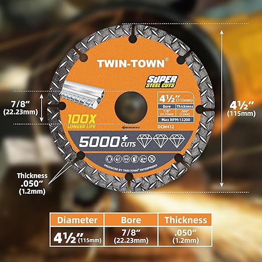 TWIN-TOWN 4 1/2" Diamond Cutting Wheel with 7/8" Arbor, Metal Cut Off Wheel, Carbide Cutting Wheel for Angle Grinder, 5000+ Cuts on Rebar, Steel, Iron, and INOX