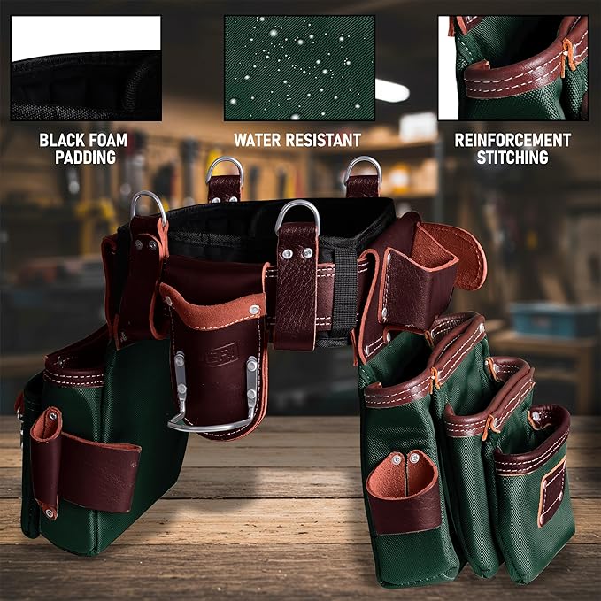 FUERI Tool Belt Men Heavy Duty 26 Pocket Tools Bags Pouches Holder Organizer for Carpenter Construction Electrician Framer Nylon Leather (Green & Maroon, Extra Large 42" - 48")