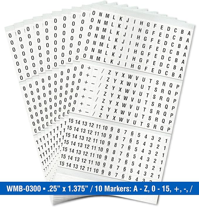 Premium Wire Marker Book for Cable Management, Vinyl-Coated, High-Tack Adhesive, Electric Panel Wire Label Stickers - Legends A-Z, 0-15, 10 Pages with 45 Lables Each, 1 Book (Pack of 25)