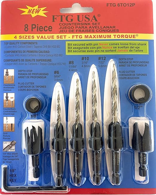 FTG USA Adjustable Wood Countersink Drill Bit Set #6#8#10#12 with Tapered Drill Bits for Woodworking