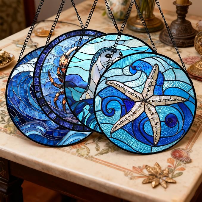 DASTOLL Stained Glass Window Hanging 4 Pcs Set Blue Ocean Waves Large 11.8" - Image 2