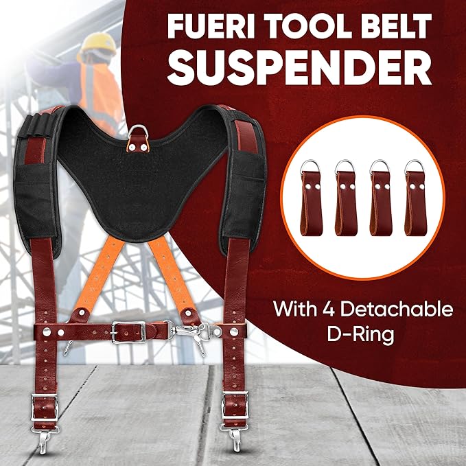 FUERI Nylon Leather Tool Belt Supender for Men Heavy Duty 26 Pocket Tools Bags Pouches Holder Organizer for Carpenter Construction (Maroon & Green Tool Belt Suspender, Medium 30" - 36")