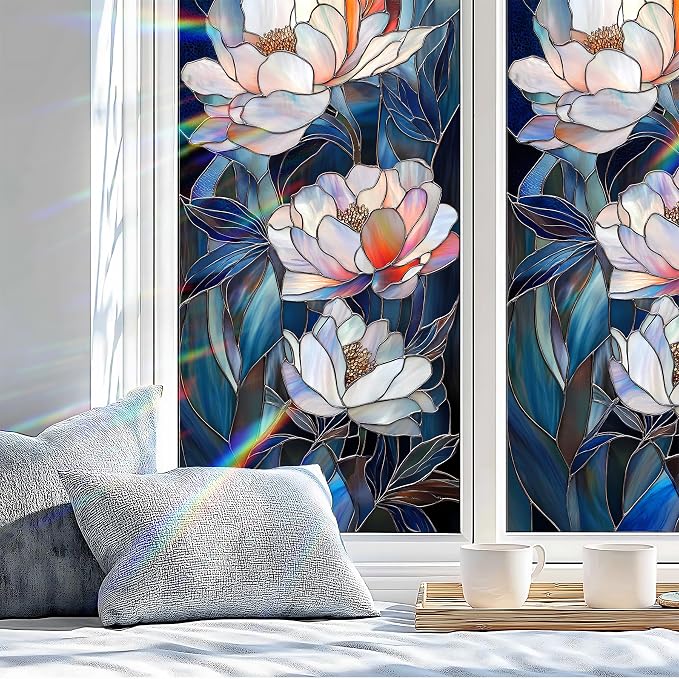 Stained Glass Window Privacy Film: Non-Adhesive Sun and Landscape Mosaic Design - Image 4