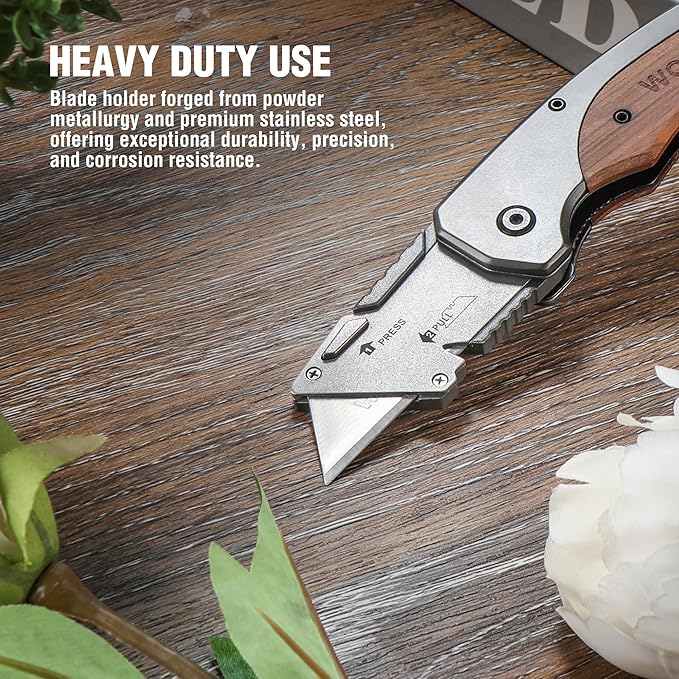 WORKPRO Folding Utility Knife, Quick-Change Box Cutter with Stainless Steel Head & Liner Lock, Wood Handle Razor Knife and Extra 10PC SK5 Blades