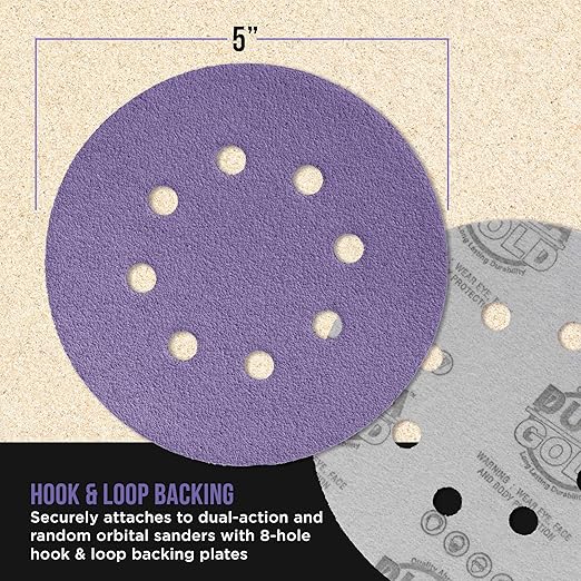 Dura-Gold Premium 40 Grit 5" Purple Film Ceramic Sanding Discs, 8-Hole Pattern, Box of 25 - Dustless Hook & Loop Backing Sandpaper for DA & Random Orbital Sanders - Sand Auto Paint, Wood, Woodworking