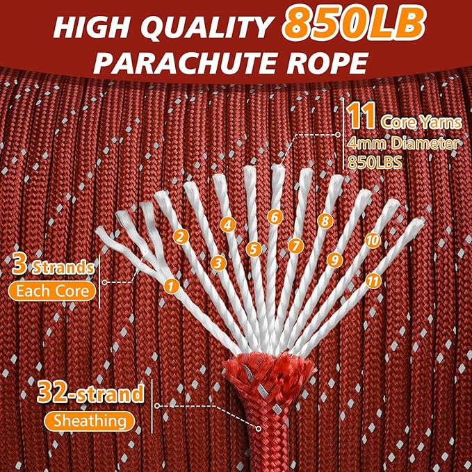 850Ib Reflective Paracord Rope, 50/100/200/500/1000ft 4MM 11 Strand Cords Lanyard Utility Parachute Cord for Tent Camping Hiking Fishing Survival Tactical Clothesline DIY Projects, Red 100FT