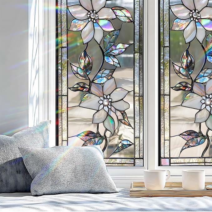 Stained Glass Window Privacy Film: Non-Adhesive Sun and Landscape Mosaic Design - Image 4