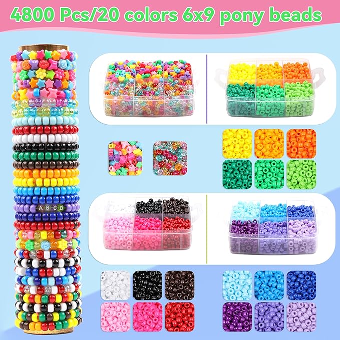4800 Pcs Pony Beads for Friendship Bracelets 6x9mm 18 Solid 8 Color Shapes 10 - Image 4