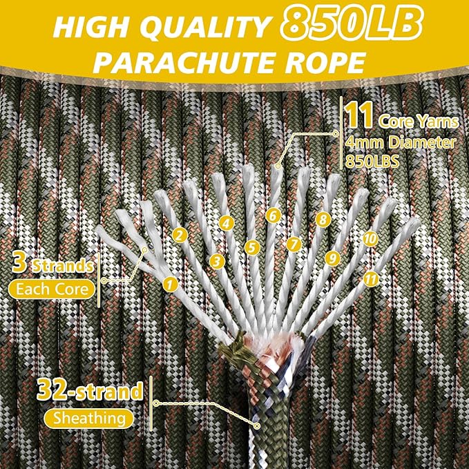 850Ib Reflective ParachuteRope, 50/100/200/500/1000ft 4MM 11 Strand Cords, Survival Paracord Rope Tie Down for Crafting, Tent, Camping, Clotheline, Hiking, Fishing, Camo Green 200FT