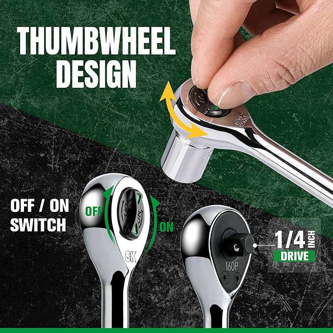 SK 1/4" Drive Ratchet Handle, 160-Position 2 Pawl Ratchet, Premium CR-V Construction, with Contoured Handle
