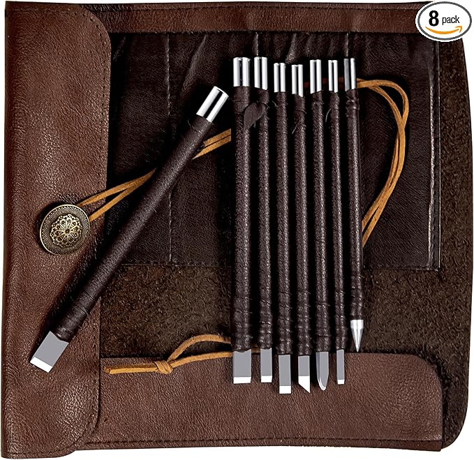 8 Pcs Tungsten Steel Chisel, Metal Engraving Tools, Chisel Set with Leather Sheath for Woodworking, Seal and Bamboo Carving