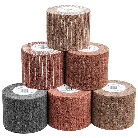 6 Pcs Non-Woven Wire Drawing Flap Wheel for Polishing Burnishing Wheels, 120x100mm 240/240SP/320/320SP/400/600 Grit for Stainless Steel, Copper and Surface Conditioning Wheel