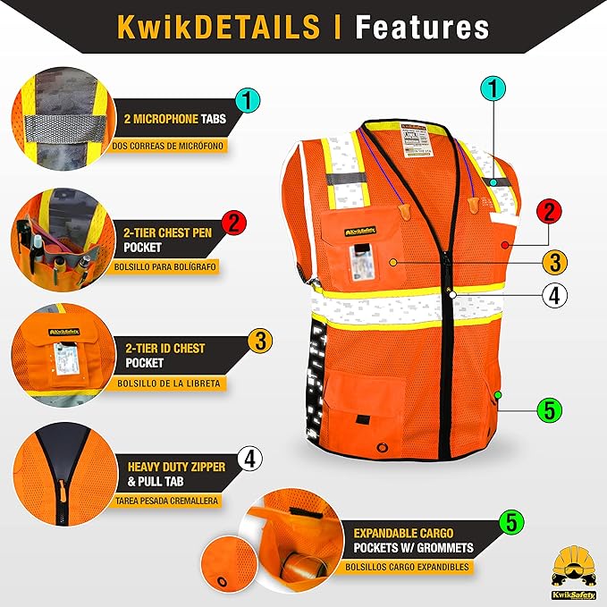 KwikSafety - BIG KAHUNA DIGITAL Safety Vest [LIMITED EDITION] Class 2 ANSI OSHA Reflective Vest Durable High Visibility Vest Construction Safety Vest for Men Industrial Work Gear/Orange Small