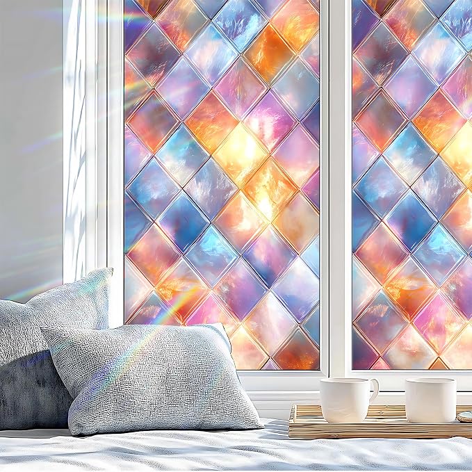 Stained Glass Window Privacy Film: Non-Adhesive Sun and Landscape Mosaic Design - Image 4