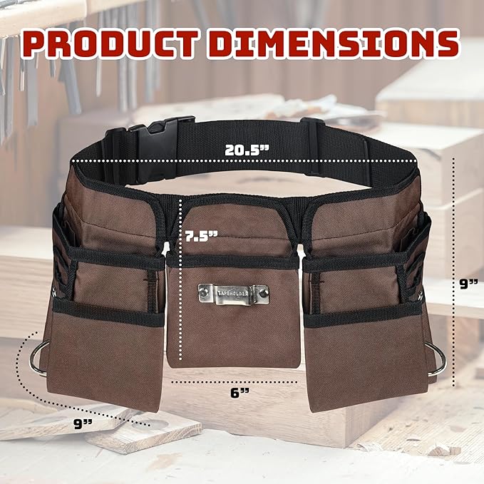 19 Pocket Brown and Black Heavy Duty Construction Tool Belt, Work Apron, Tool Pouch, with Poly Web Belt Quick Release Buckle - Adjusts from 33” Inches All the Way to 50” Inches