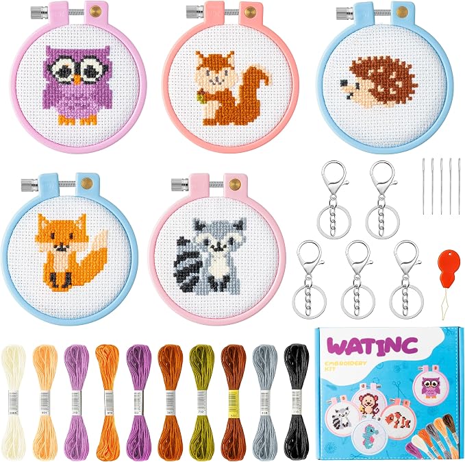 WATINC 5Pcs Embroidery Kit for Kids Stamped Cross Stitch DIY Key Chain by WATINC