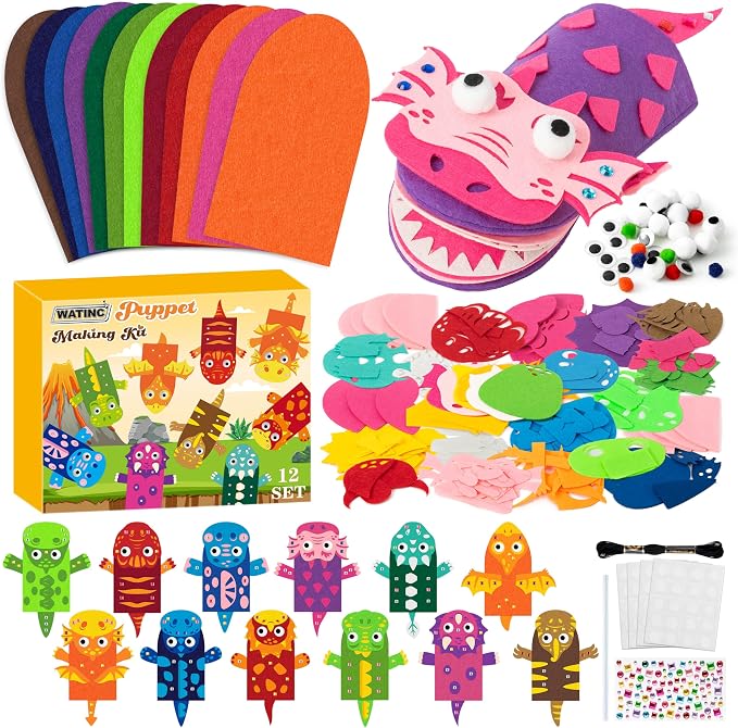 WATINC 12 Pcs Hand Puppet Making Kit, Art Craft Felt Sock Puppet Toys, Creative by WATINC