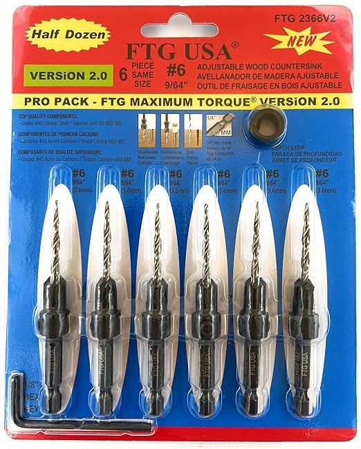 FTG USA Countersink Drill Bit Set for Wood with Tapered Drill Bit 6 Pc #6 (9/64")