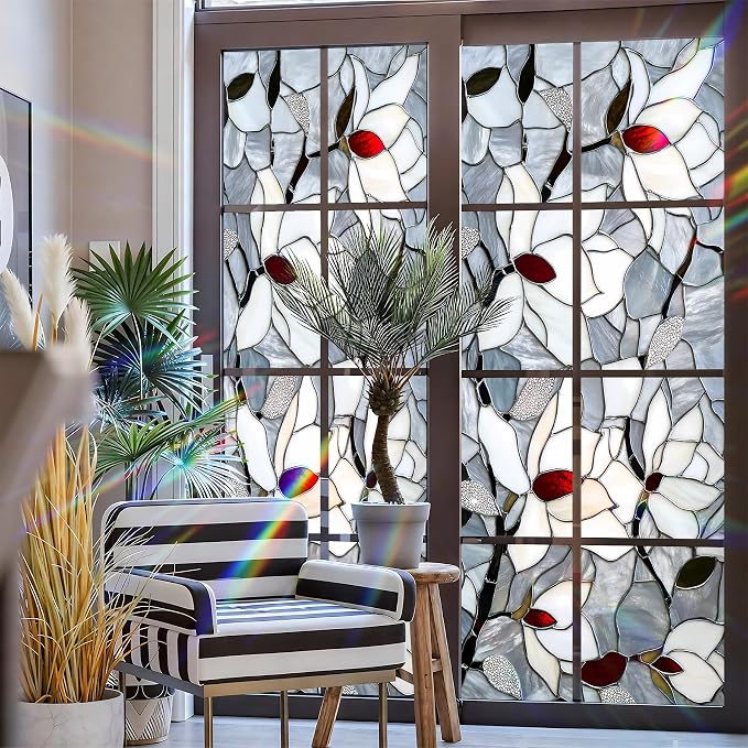 Stained Glass Window Privacy Film: Non-Adhesive Sun and Landscape Mosaic Design - Image 3