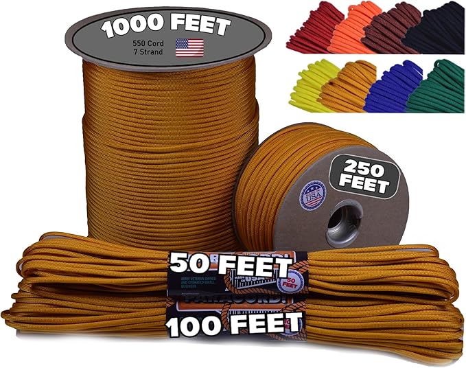 BORED? PARACORD! 550 lb Paracord - Ideal for Crafting, Camping, DIY Projects, Active & Military Outdoors - Strong Survival Rope - Tactical Parachute Cord Type III - Goldenrod 50 Feet