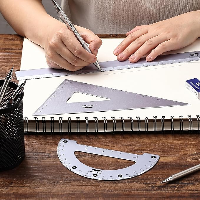 Mr. Pen- Metal Geometry Kit, 4 Pack, 45° & 30°/60° Set Squares | 6" Protractor - Image 3