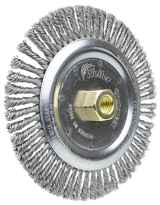 Weiler 09000 Roughneck 7" Root Pass Weld Cleaning Brush, .020" Steel Wire Fill, 5/8"-11 Unc Nut, Made in the USA, 56 Knots