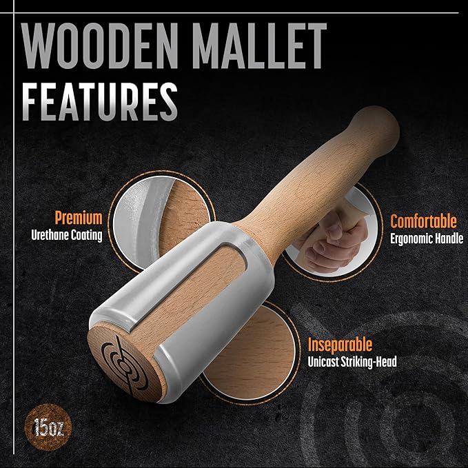 Precision Wood Carving Mallet 15oz for Woodworking, Comfortable Wooden Handle Reduces Hand Fatigue, Non-Marring Urethane Head Protects Tools, Chisel Hammer from Schaaf Tools