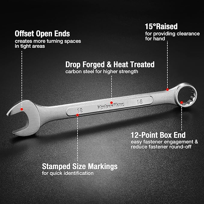 ValueMax Mechanics Wrench Set Metric and Standard, 20PCS Complete Combination Wrenches Roll Set. SAE 1/4" to 3/4", Metric 6mm to 18mm, Full Wrench Set with Roll up Pouch