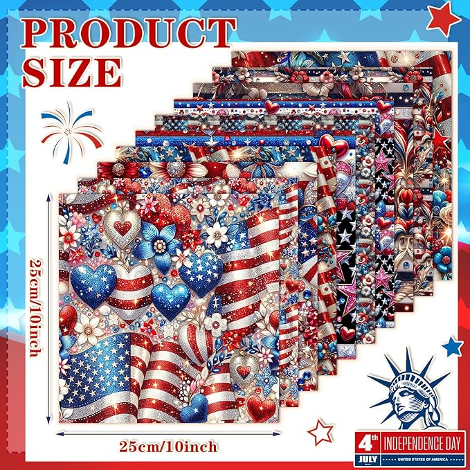 HunnmingRe 20 Pcs 10x10'' Patriotic Quilting Fabric Square 4th of July Precut - Image 2