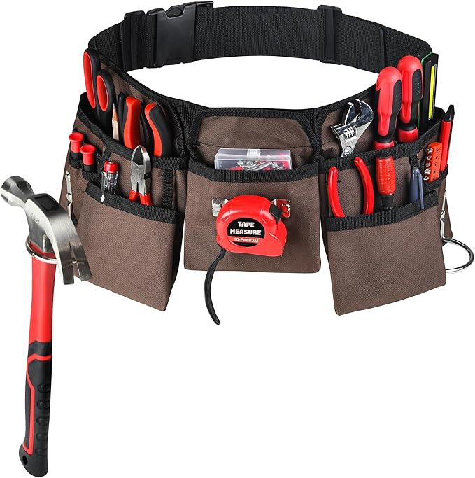 19 Pocket Brown and Black Heavy Duty Construction Tool Belt, Work Apron, Tool Pouch, with Poly Web Belt Quick Release Buckle - Adjusts from 33” Inches All the Way to 50” Inches