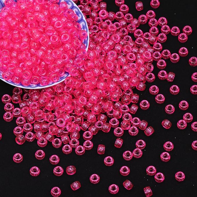 1000Pcs Pony Beads Bracelet 9mm Hot Pink Glitter Plastic Barrel Pony Beads - Image 3