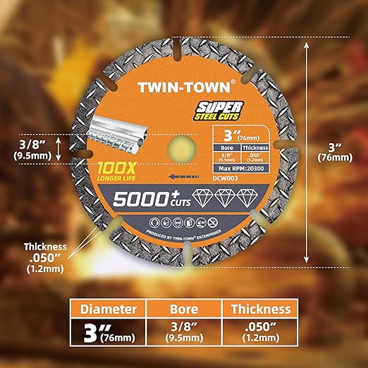 TWIN-TOWN 3" Diamond Cutting Wheel with 3/8" Arbor, Metal Cut Off Wheel, Carbide Cutting Wheel for Angle Grinder, 5000+ Cuts on Rebar, Steel, Iron, and INOX