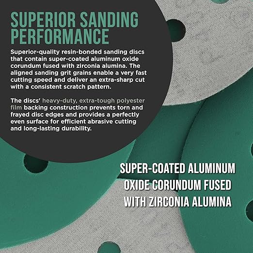 Dura-Gold Premium 1000 Grit 5" Green Film Sanding Discs, 8-Hole Pattern, Box of 50 - Dustless Hook & Loop Backing Sandpaper for DA & Random Orbital Sander, Detail Color Sand Auto Paint Wood Furniture