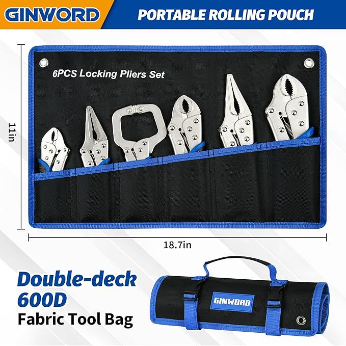 Vice Grips Pliers Set, 6-Piece Locking Pliers Set, 6-1/2"& 9-1/2"Needle Nose Vise Grips, 5"&7"&10" Curved Jaw Vise Grip Tools, 6" C-clamp Locking Plier with Rolling Pouch