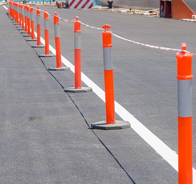 CJ Safety 44" Orange PE Delineator Post Cone, 44" Height Post, 10 lbs Recycled Rubber Black Base, 10" Reflective Band (Set of 6)