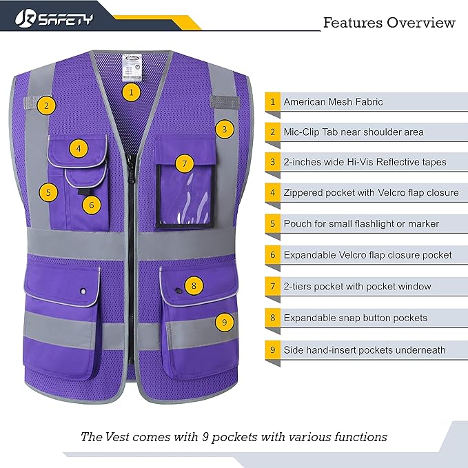 JKSafety 9 Pockets High Visibility Safety Vest for Men and Women, Hi-Vis Reflective Purple Safety Vests with Zipper Front, Meet ANSI/ISEA Standards (159-Purple 5XL)